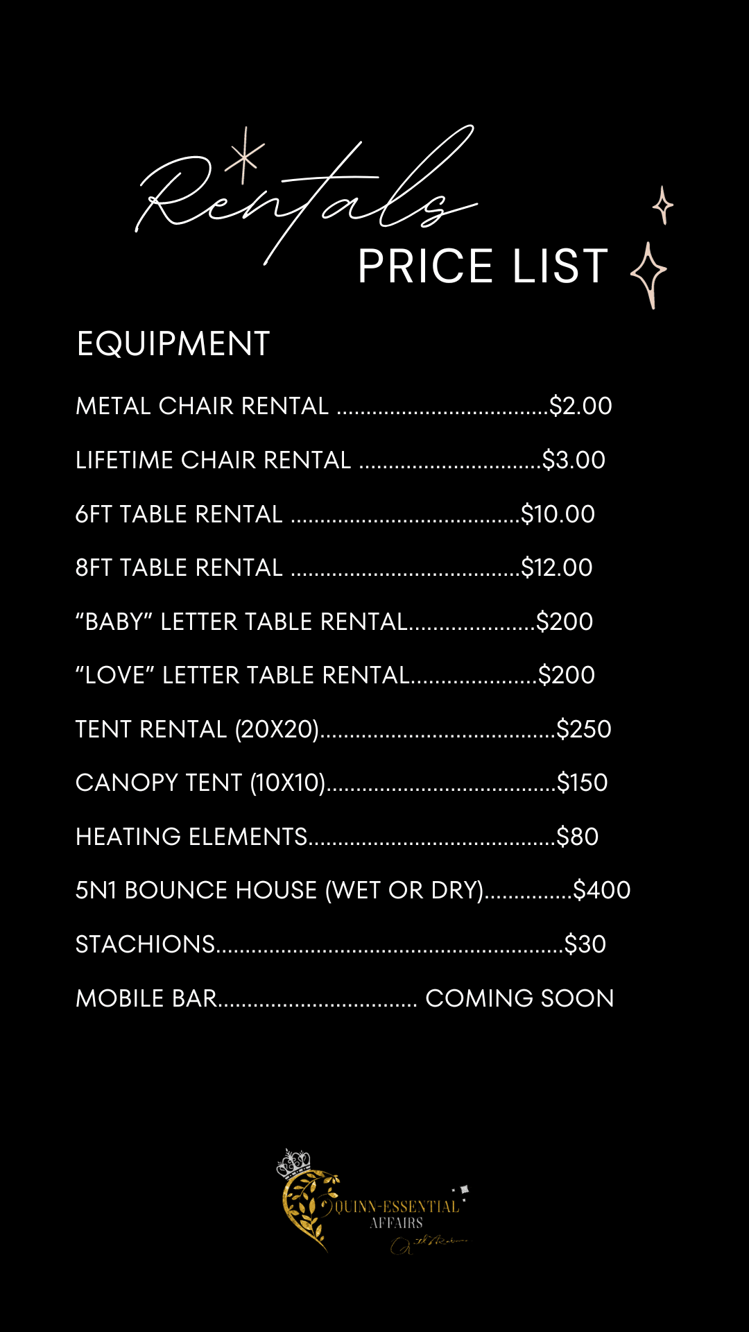 Rental price list for equipment including chairs, tables, tents, and bounce house.