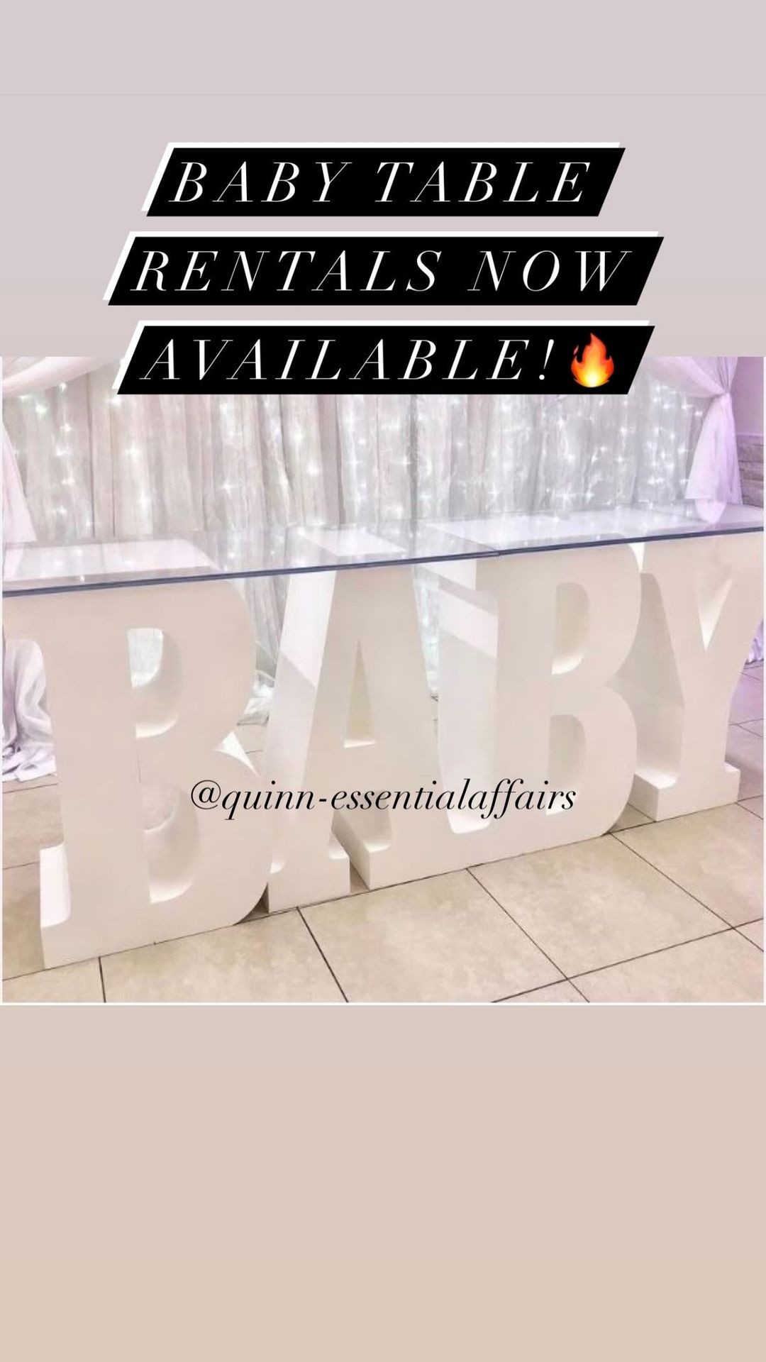 Advertisement for baby table rentals featuring a table with letters spelling 'BABY,' available now.