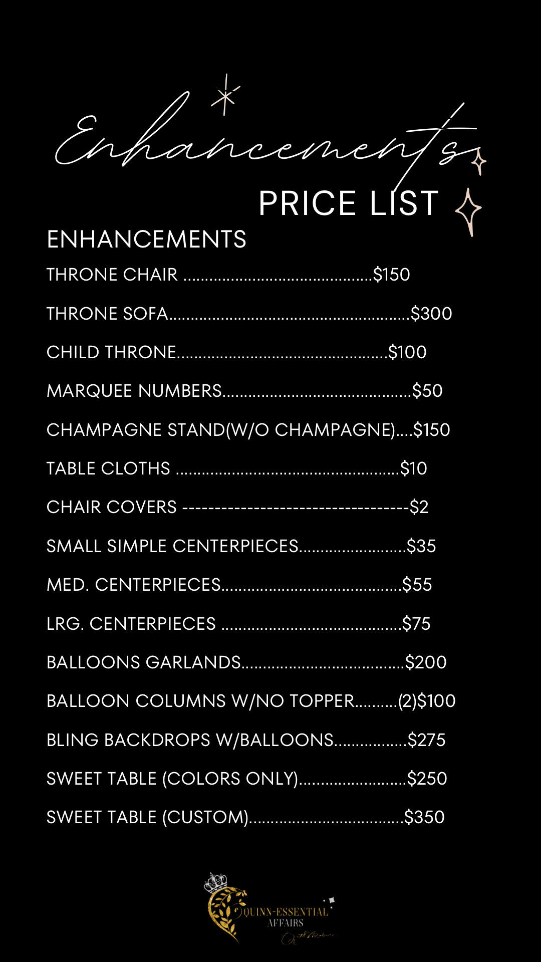 Price list for event enhancements including throne chairs, marquee numbers, and centerpieces.