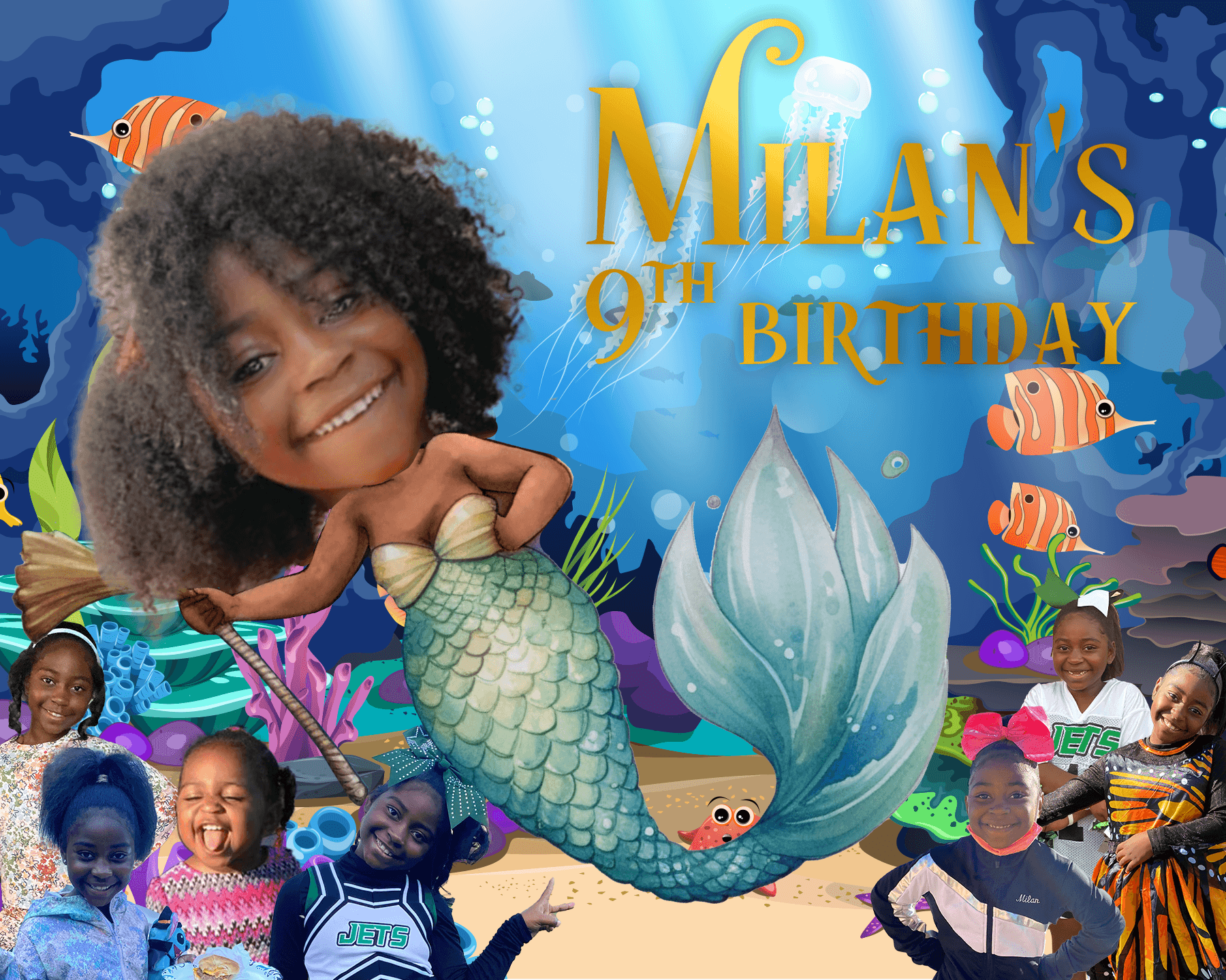 Underwater-themed birthday celebration with children in various costumes, featuring a cartoon mermaid and fish.